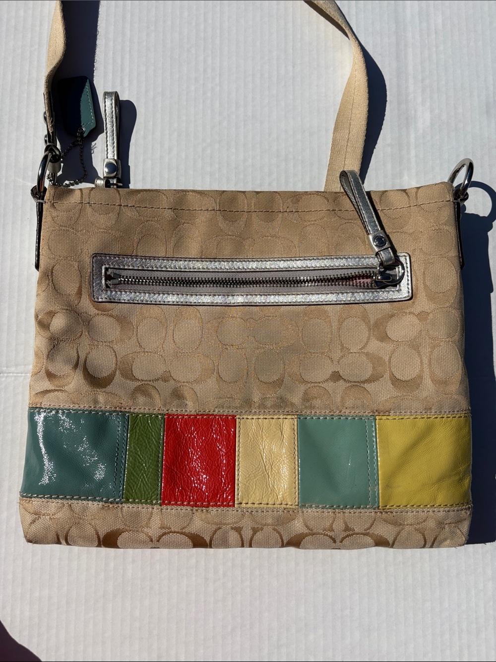 COACH Beige Signature Canvas Crossbody with Multi-Color Leather Accents - Picture 4 of 9